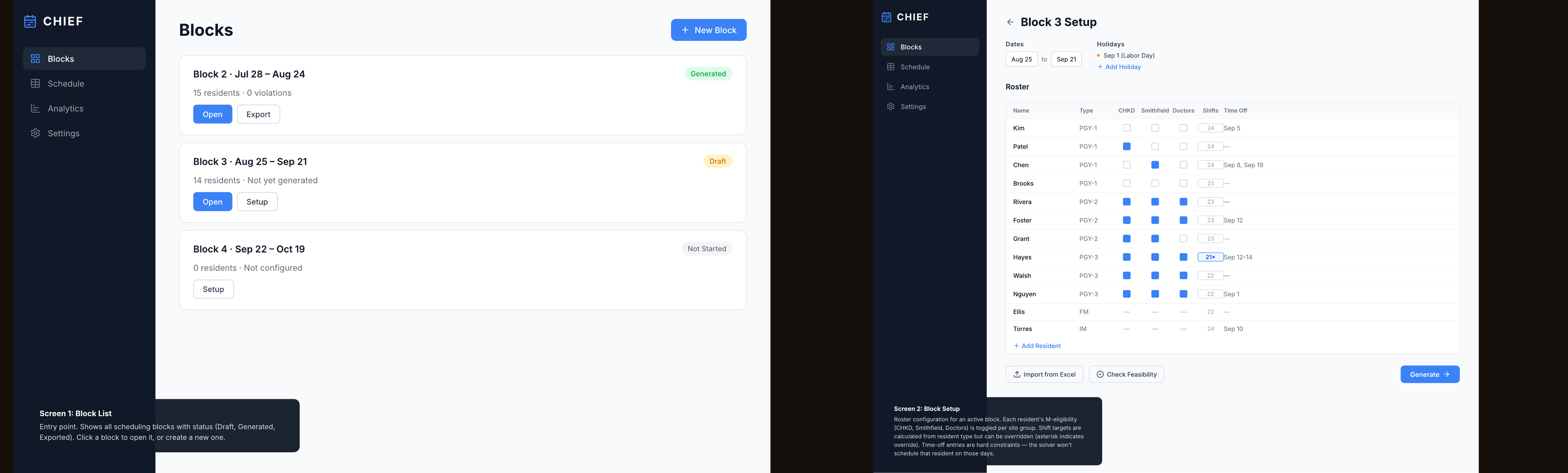 CHIEF Pencil mockups — Block List and Block Setup (chief.pen)
