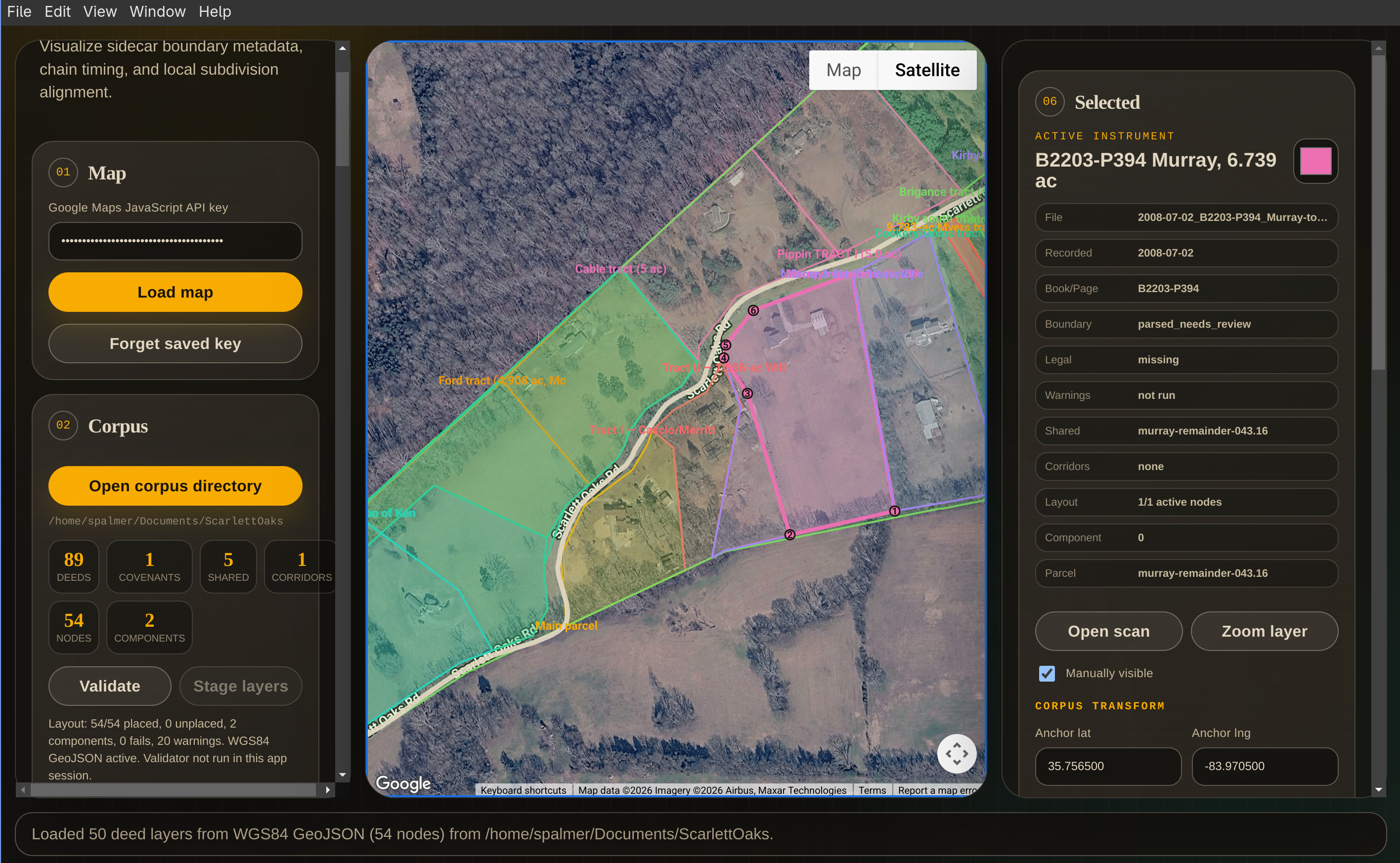 deed-map prototype — parcels georeferenced onto satellite imagery