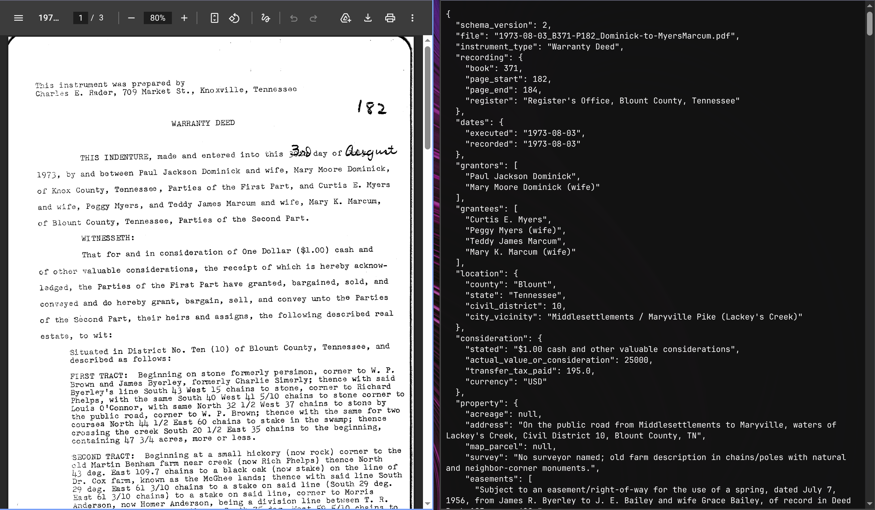 Scanned deed record and metadata sidecar